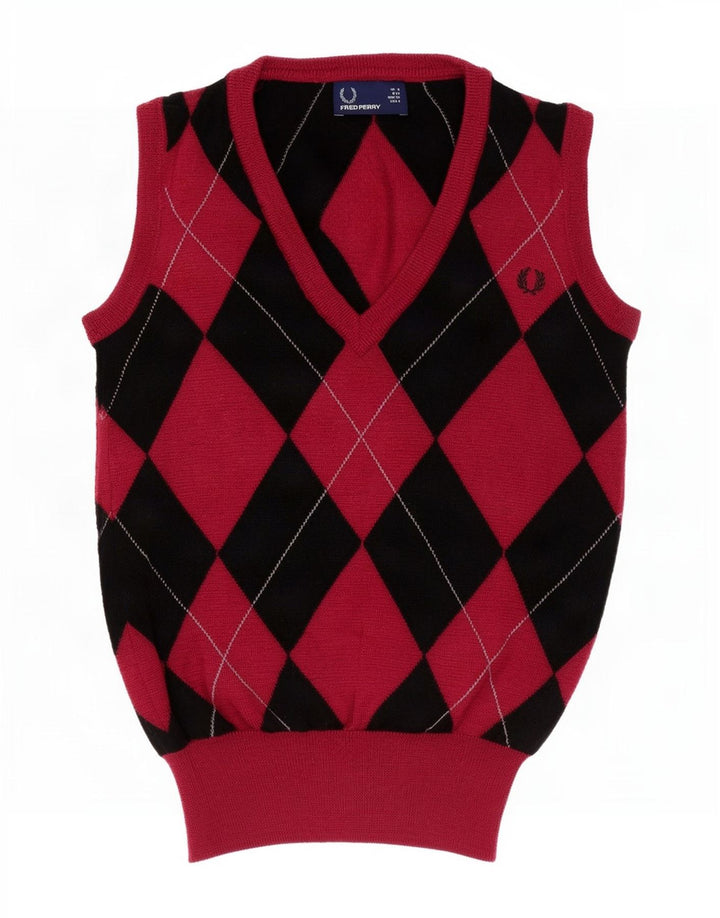 Regata feminina Fred Perry com colete UK 8 pequena vermelha Argyle/lã diamante