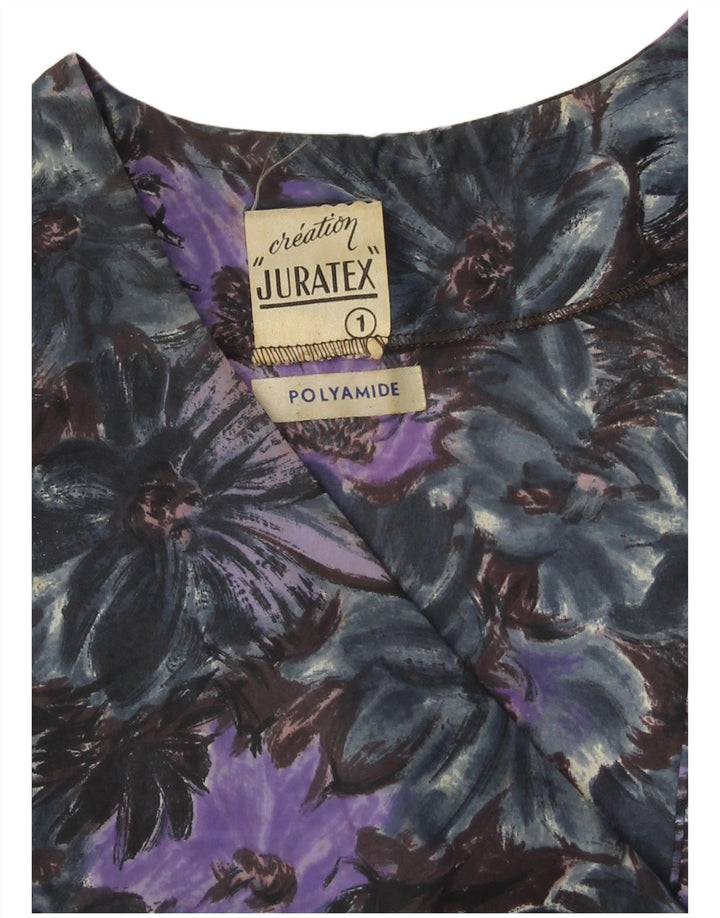 Sobretudo feminino vintage UK 14 poliamida floral roxa média