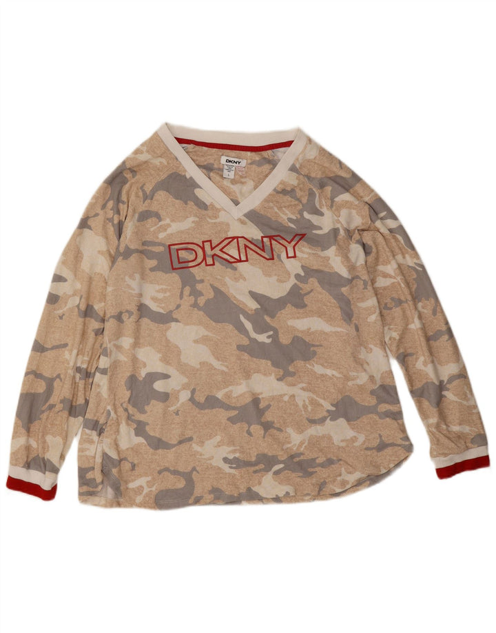 Dkny Top gráfico feminino manga comprida UK 16 grande poliéster camuflado bege