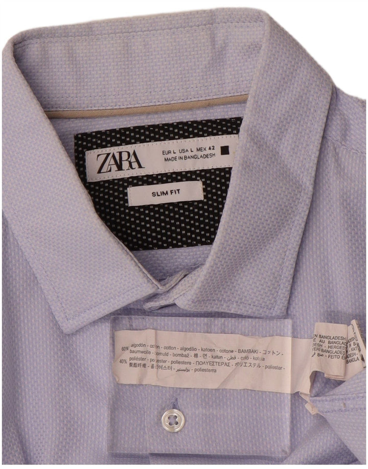 Camisa masculina Zara Slim Fit grande algodão azul