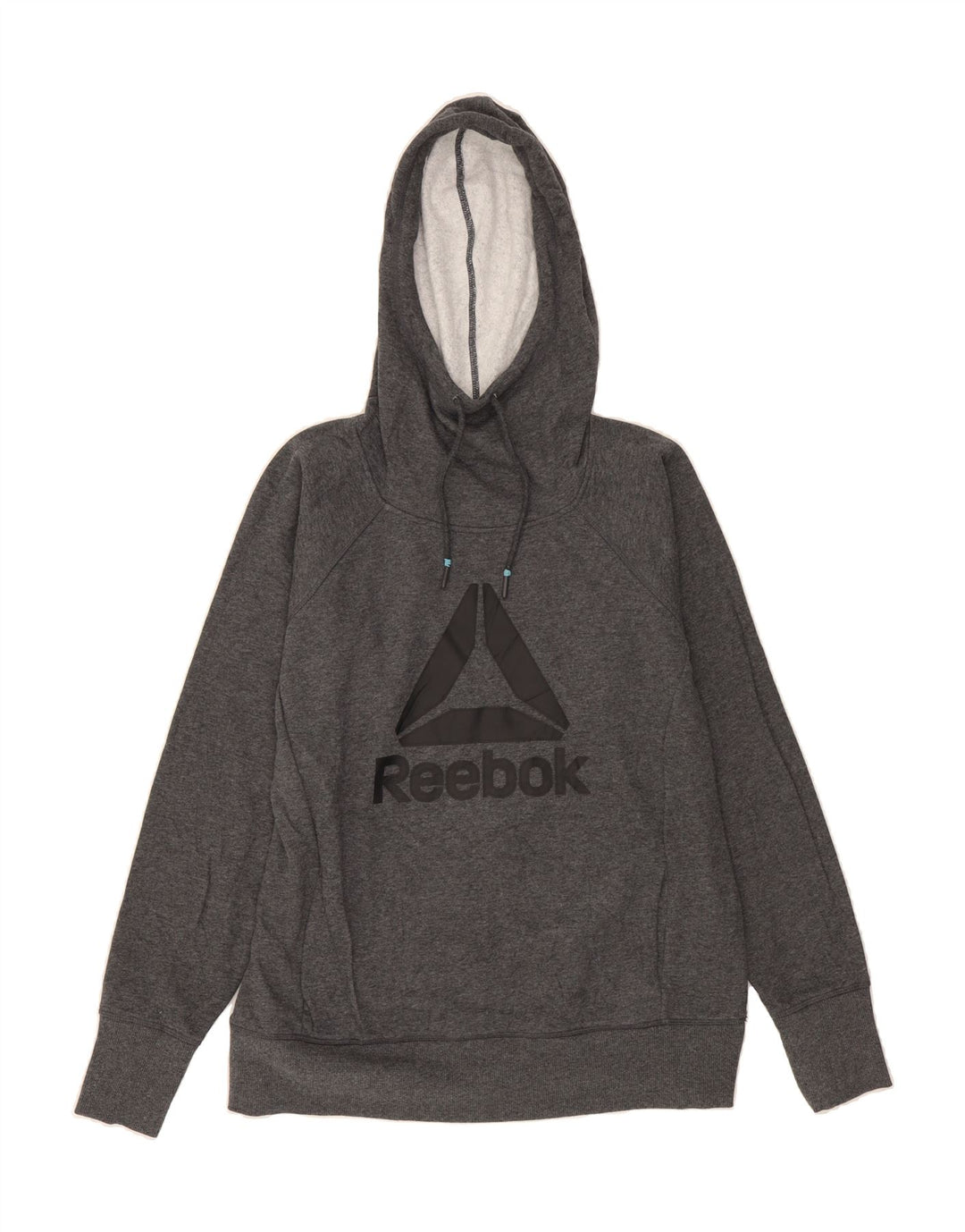 REEBOK Womens Graphic Hoodie Jumper UK 16 Large Grey Cotton Vintage Reebok and Second-Hand Reebok from Messina Hembry 