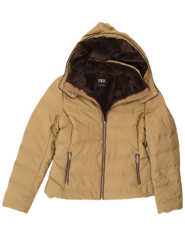 Zara Jaqueta feminina com capuz Sherpa acolchoada Reino Unido 16 Grande Bege