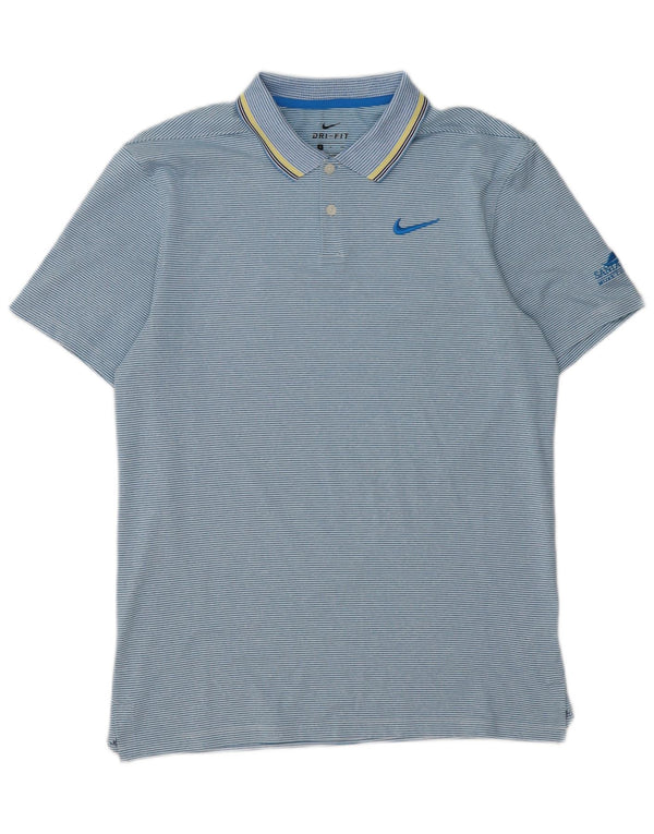 Camisa polo masculina Nike Dri Fit pequena listrada azul de poliéster