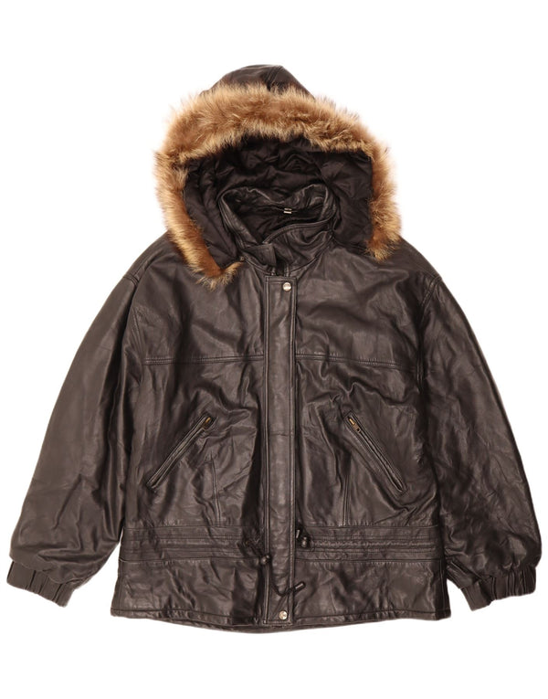 Jaqueta de couro superdimensionada com capuz feminino vintage IT 48 XL couro preto