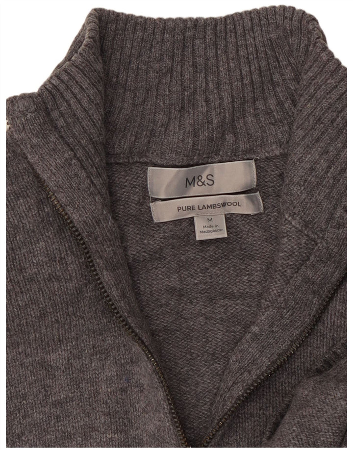 Suéter masculino Marks & Spencer com zíper e gola em lã cinza médio