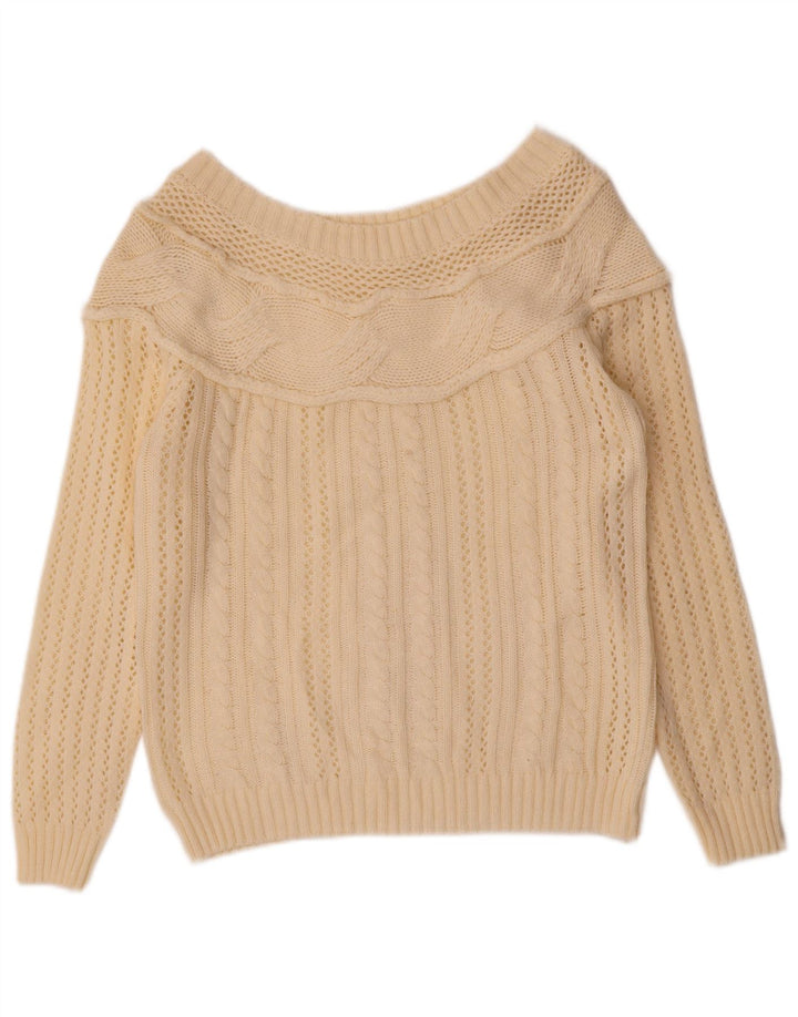 Suéter feminino vintage com gola canoa UK 12 médio off white