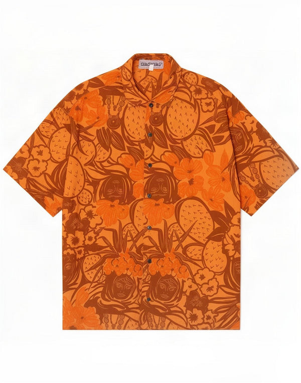 Camisa masculina vintage de manga curta grande algodão floral laranja