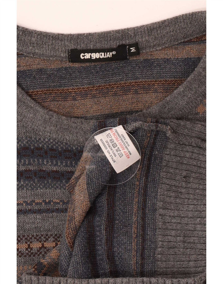 Suéter masculino vintage com pescoço de barco, cinza médio, acrílico Fair Isle