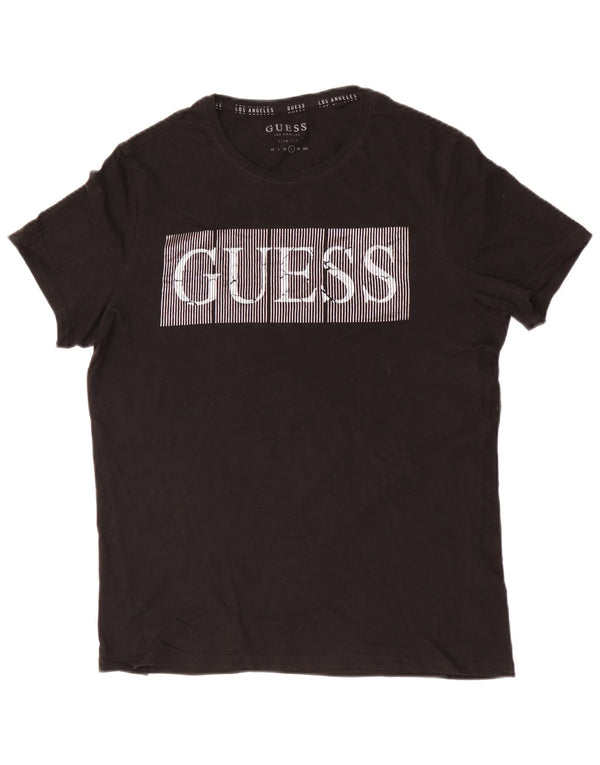 Camiseta masculina Guess Slim Fit com estampa gráfica grande de algodão preto