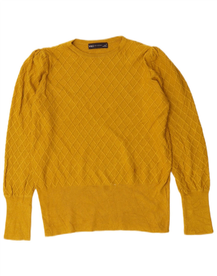 Suéter feminino Marks & Spencer com gola redonda Reino Unido 10 pequeno xadrez amarelo