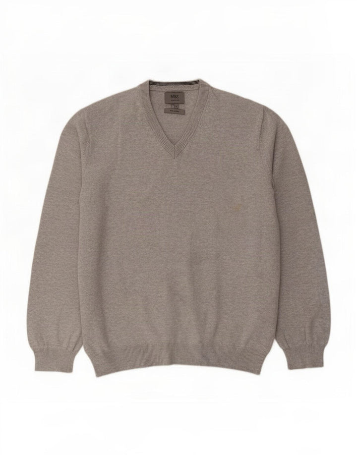 Suéter masculino Marks & Spencer com decote em V grande algodão manchado cinza