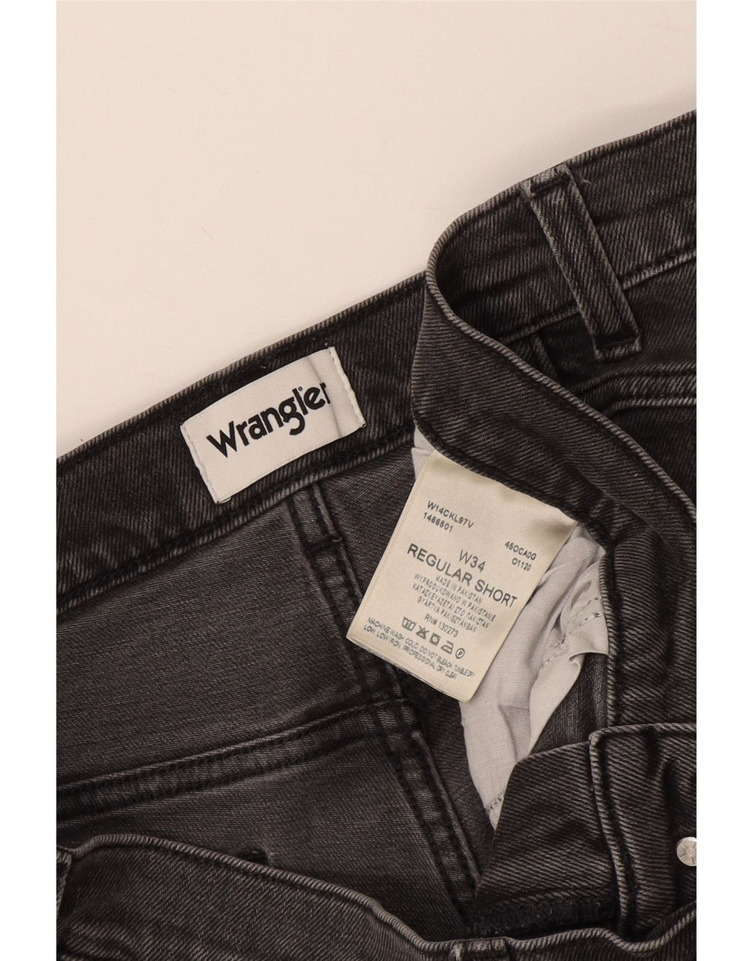 Shorts jeans Wrangler masculino de ajuste regular W34 grande algodão cinza