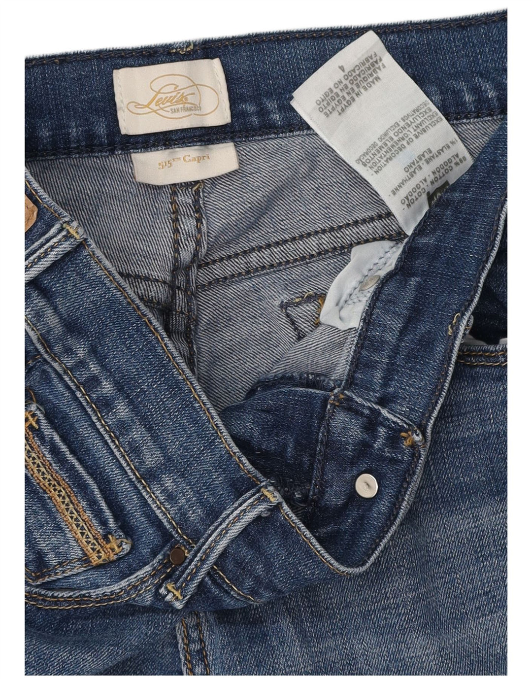 Levi's feminino 515 capri jeans US 4 pequeno W28 L20 algodão azul