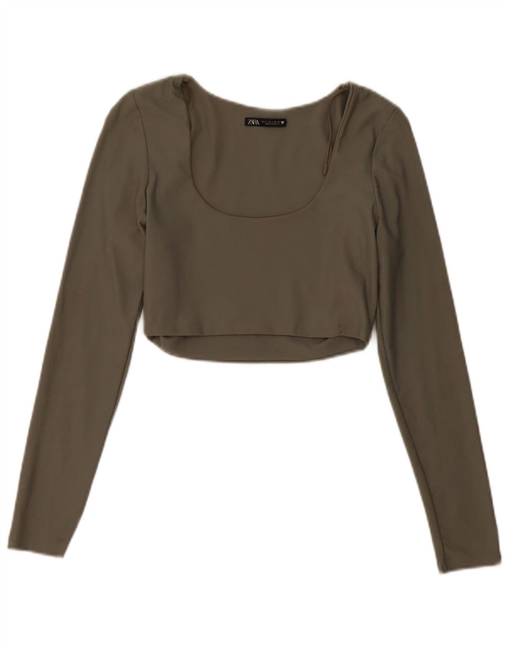 Zara Womens Crop Top Manga Longa Reino Unido 14 Grande Poliamida Cáqui
