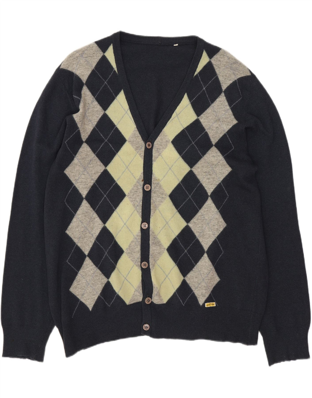 Suéter cardigã masculino VINTAGE grande azul marinho argyle/lã de cordeiro diamante