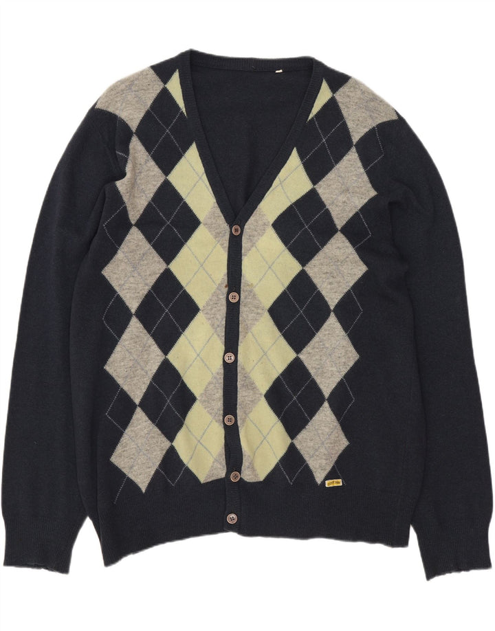 Suéter cardigã masculino VINTAGE grande azul marinho argyle/lã de cordeiro diamante