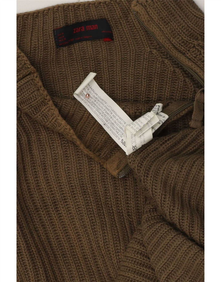 Suéter masculino Zara com zíper e gola alta de algodão cáqui médio