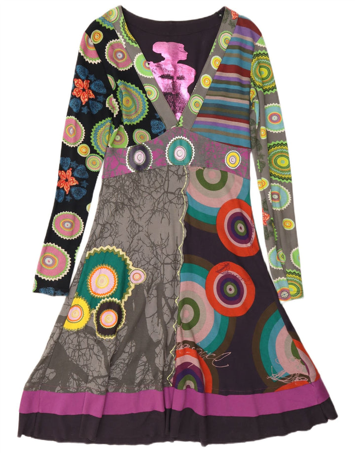 Vestido feminino Desigual com padrão abstrato linha A UK 12 médio multicolorido