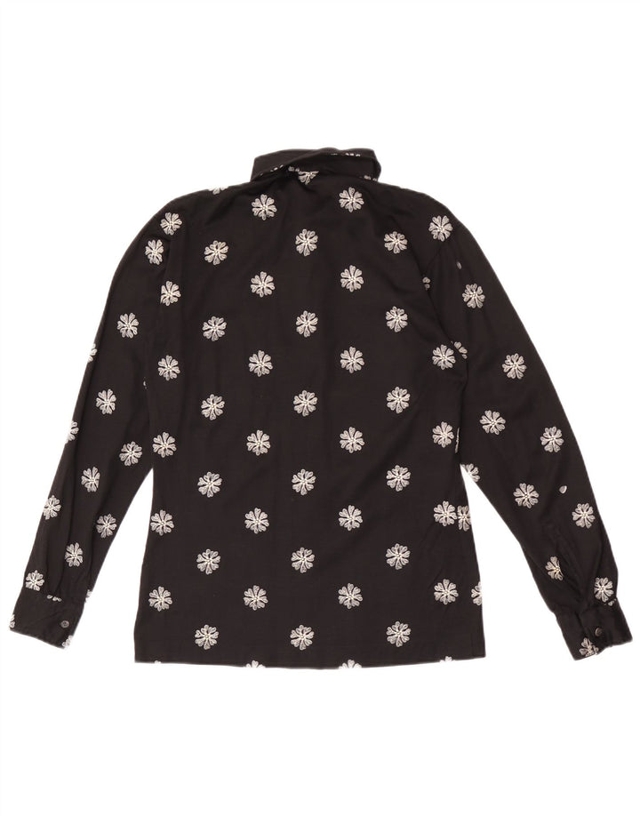 Camisa feminina vintage UK 14 média preta floral