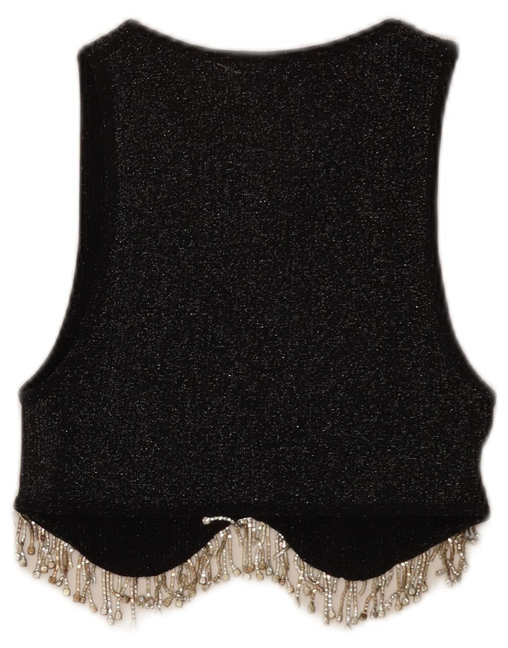 Zara Top feminino sem mangas UK 4 XS preto poliéster manchado