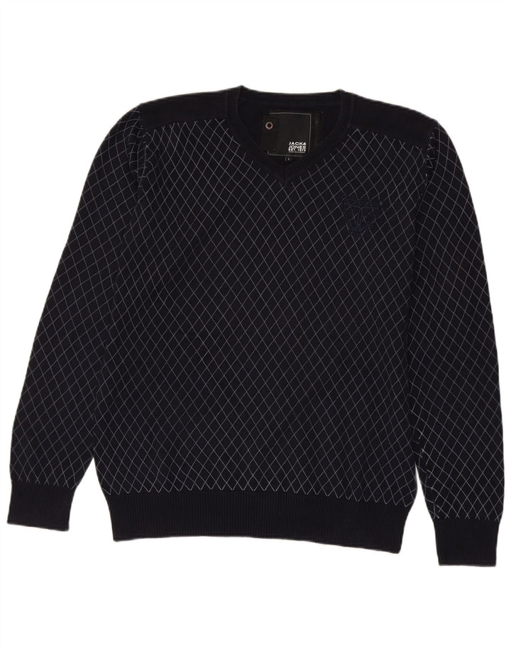 Suéter masculino JACK & JONES com decote em V grande algodão xadrez azul marinho