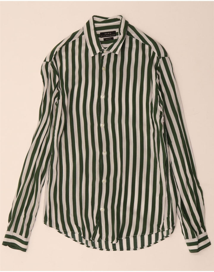 Camisa masculina ZARA Slim Fit pequena viscose listrada verde