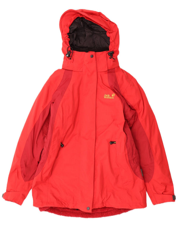 Jaqueta corta-vento feminina com capuz Jack Wolfskin Reino Unido 12 bloco colorido vermelho médio