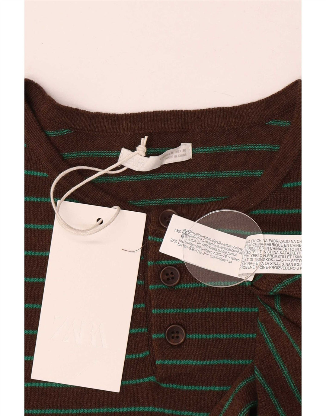 Zara Camiseta masculina Top médio marrom listrado algodão