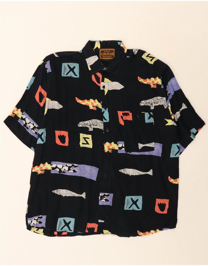 Cotton Club Mens Abstract Padrão Camisa de manga curta grande viscose preta