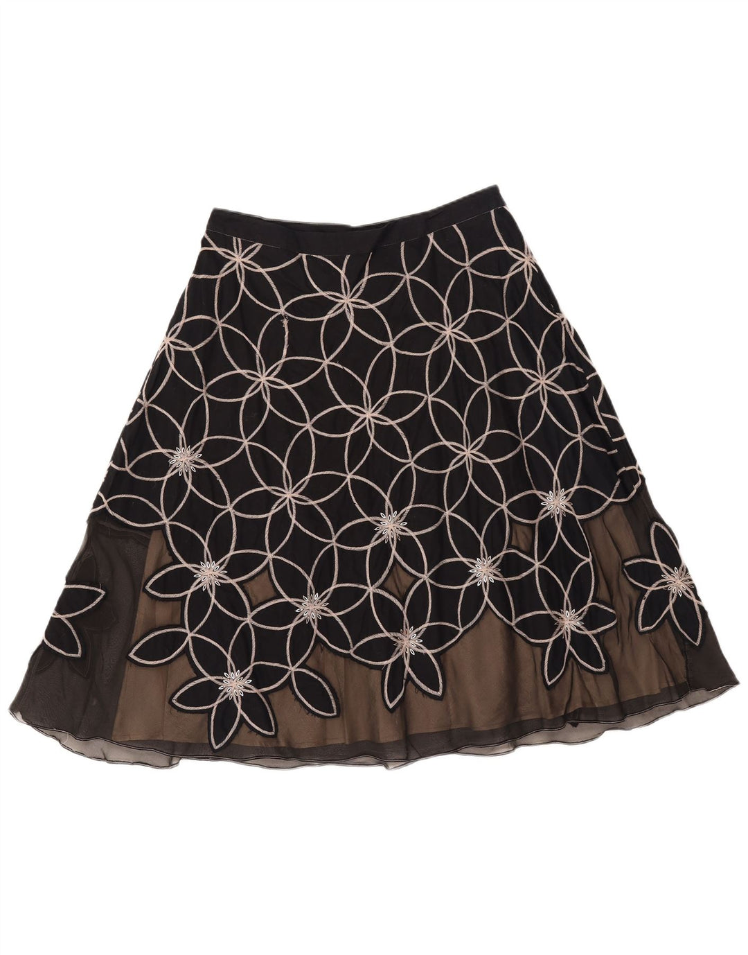 MONSOON Saia feminina evasê UK 12 médio W30 algodão floral preto