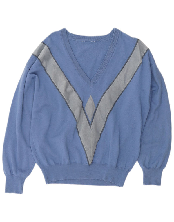 Suéter feminino vintage grande com decote em V UK 18 XL azul colorblock