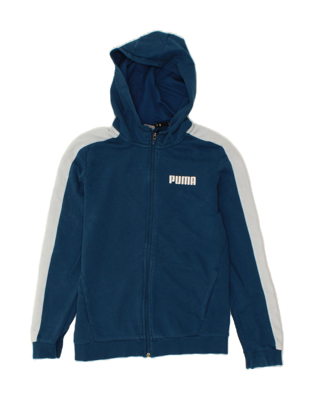 PUMA Boys Zip Hoodie Sweater 13-14 Years Blue Colourblock Cotton Vintage Puma and Second-Hand Puma from Messina Hembry 
