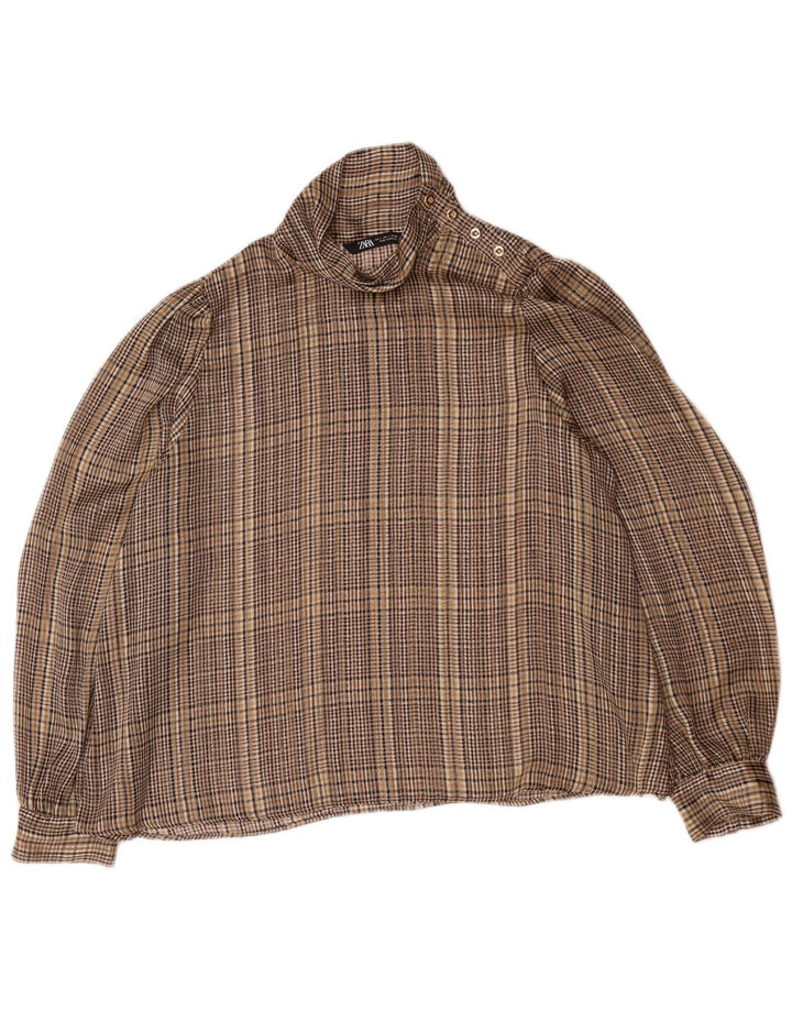 Pulôver feminino Zara blusa camisa de manga comprida Reino Unido 16 grande xadrez marrom