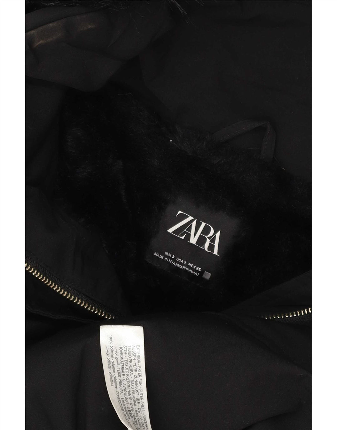 Casaco acolchoado com capuz feminino Zara UK 10 pequeno poliéster preto