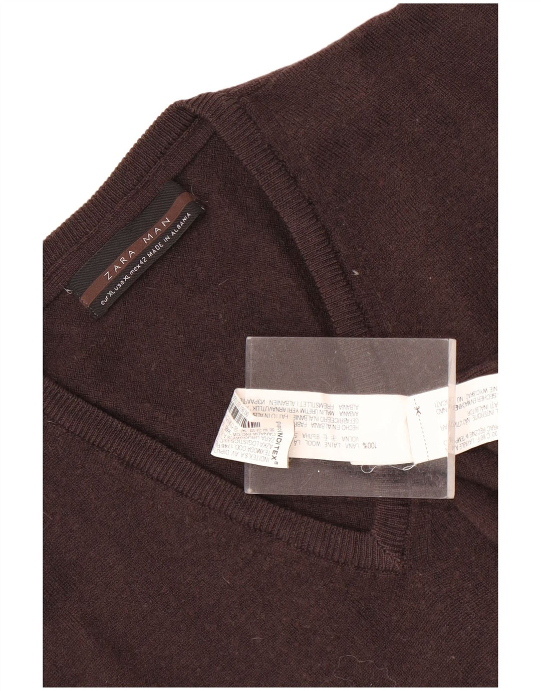 Zara Suéter masculino com decote em V XL lã marrom