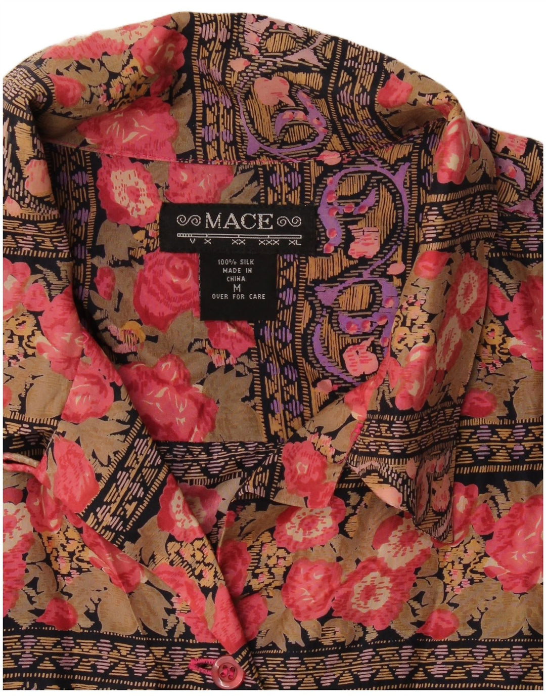 Blusa feminina vintage UK 14 seda floral multicolorida média
