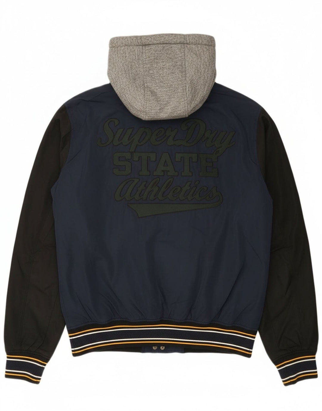 Jaqueta masculina Superdry Graphic Varsity UK 40 grande bloco colorido azul marinho