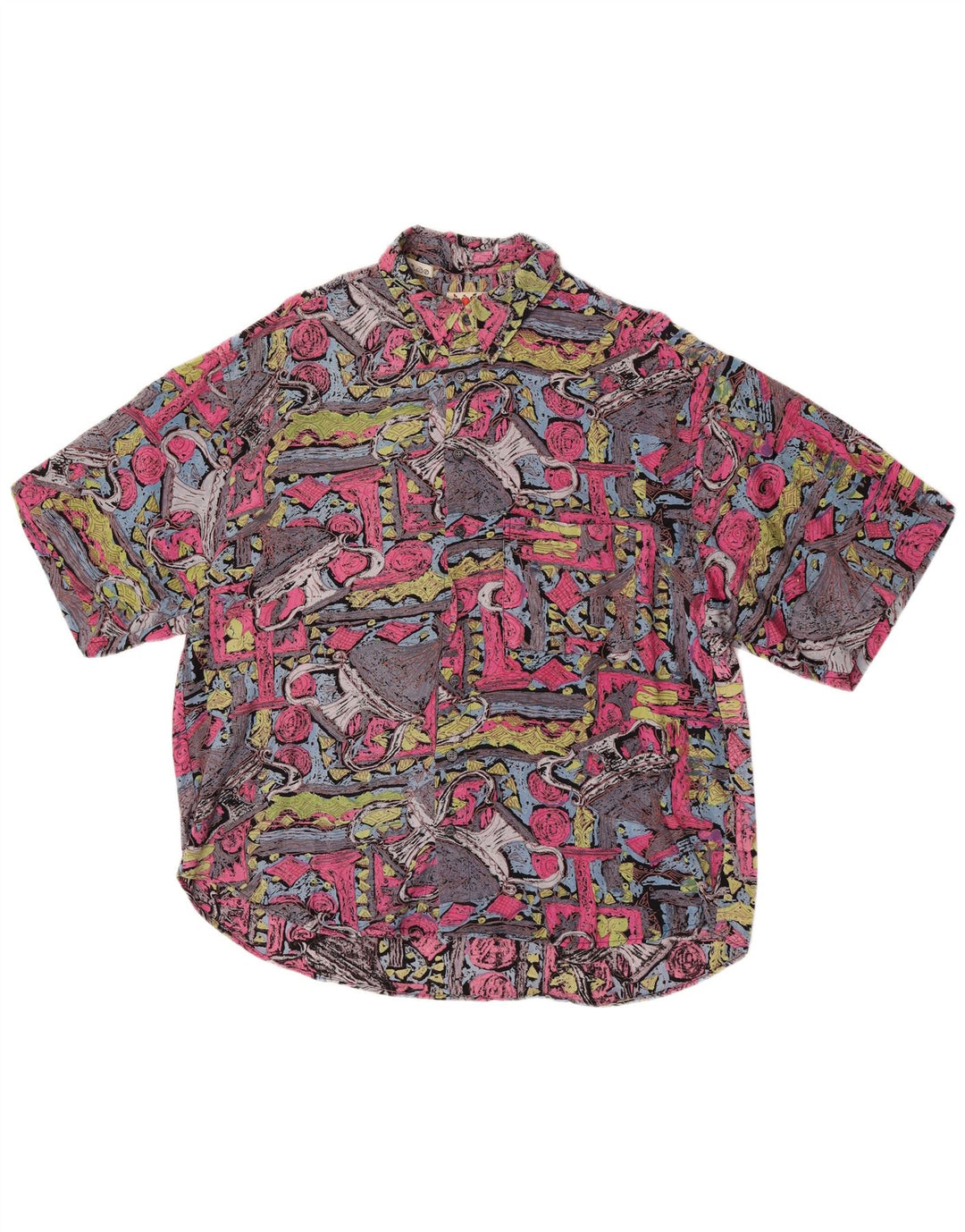 Vintage masculino abstrato Padrão camisa de manga curta XL viscose multicolorida