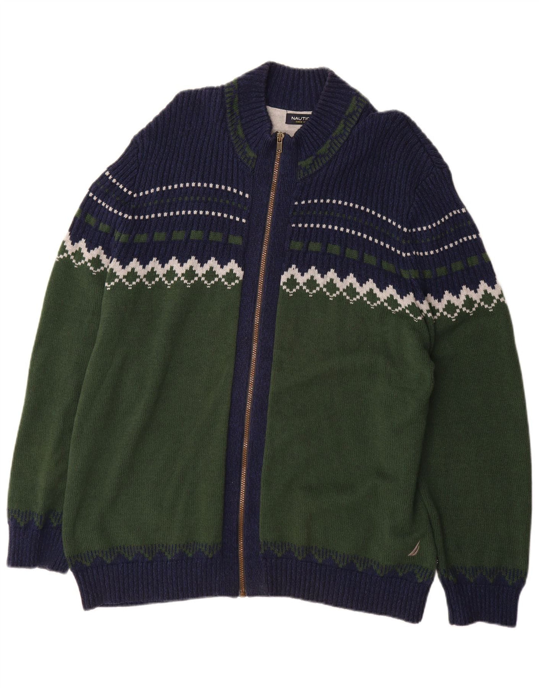 Suéter cardigã masculino Nautica 2XL cáqui Fair Isle algodão