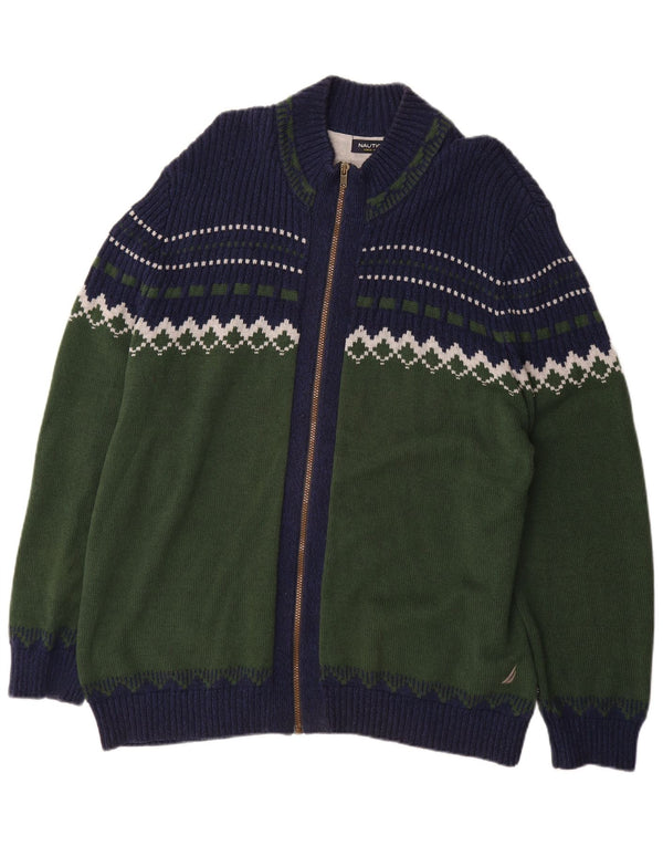 Suéter cardigã masculino Nautica 2XL cáqui Fair Isle algodão