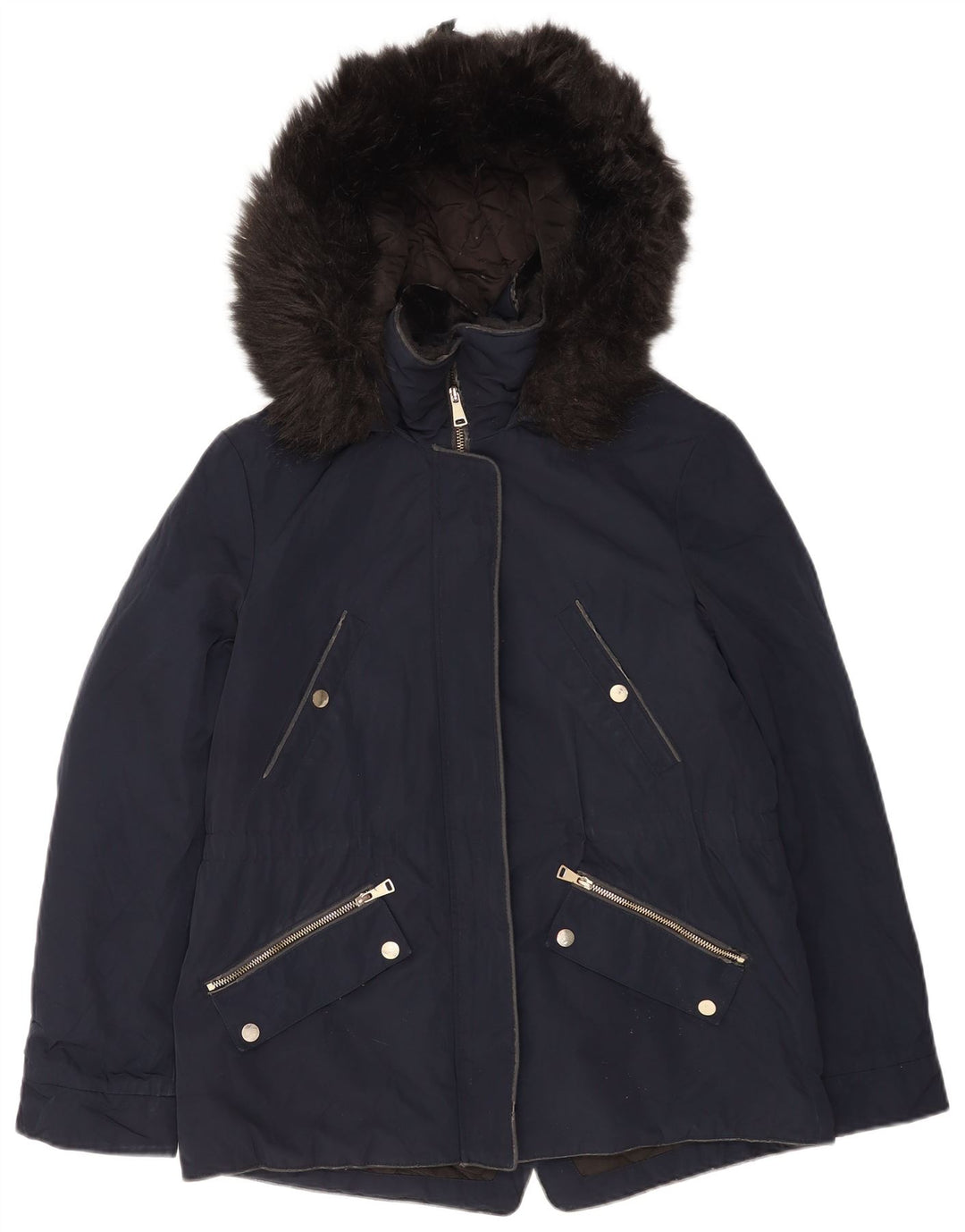 Zara Jaqueta Parka Feminina com Capuz Reino Unido 14 Médio Azul Marinho