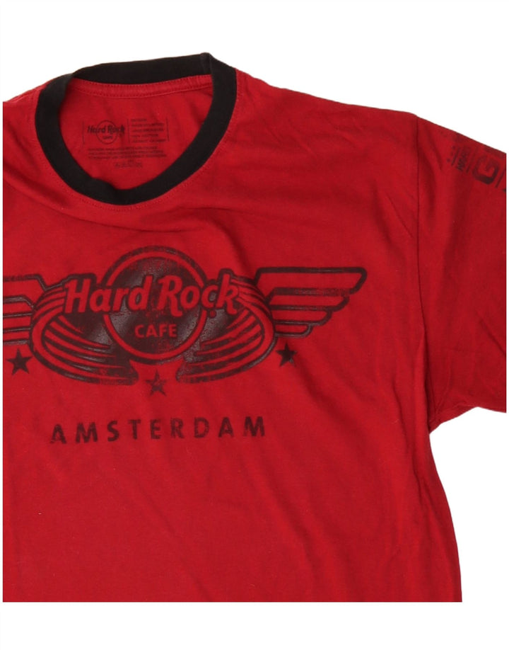 Camiseta masculina Hard Rock Cafe Amsterdã com estampa gráfica de algodão vermelho médio