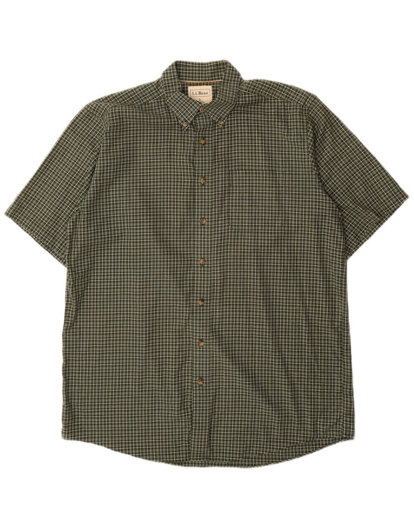 Camisa masculina alta de manga curta L.L.BEAN grande algodão xadrez cáqui