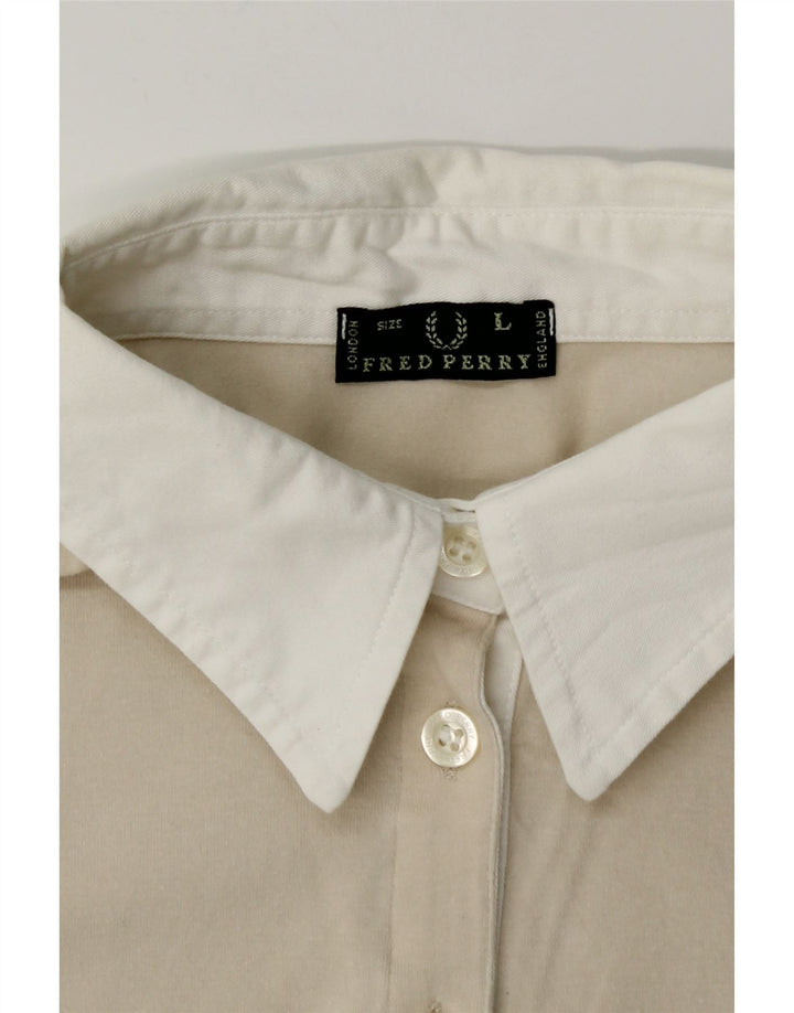 FRED PERRY Pulôver feminino manga 3/4 Reino Unido 14 grande bloco colorido bege