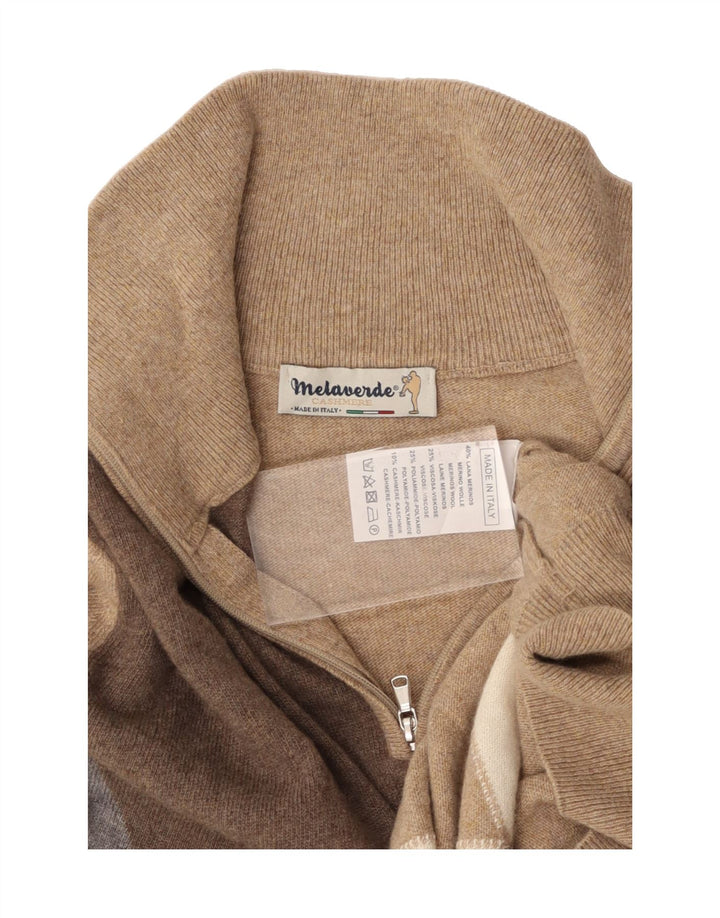 MELAVERDE Mens Zip Neck Jumper Sweater Medium Beige Argyle/Diamond Wool Vintage Melaverde and Second-Hand Melaverde from Messina Hembry 