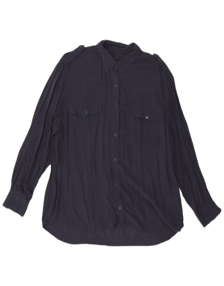 Blusa camisa feminina French Connection UK 12 viscose azul marinho médio