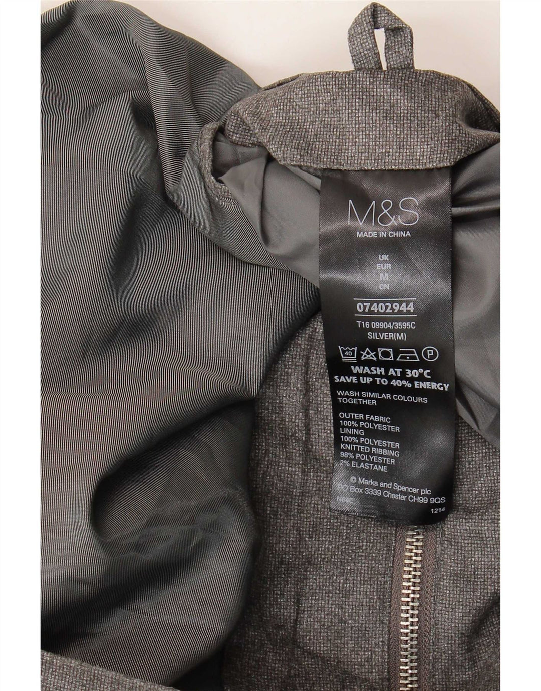 Jaqueta bomber masculina Marks & Spencer Reino Unido 38 poliéster prateado médio