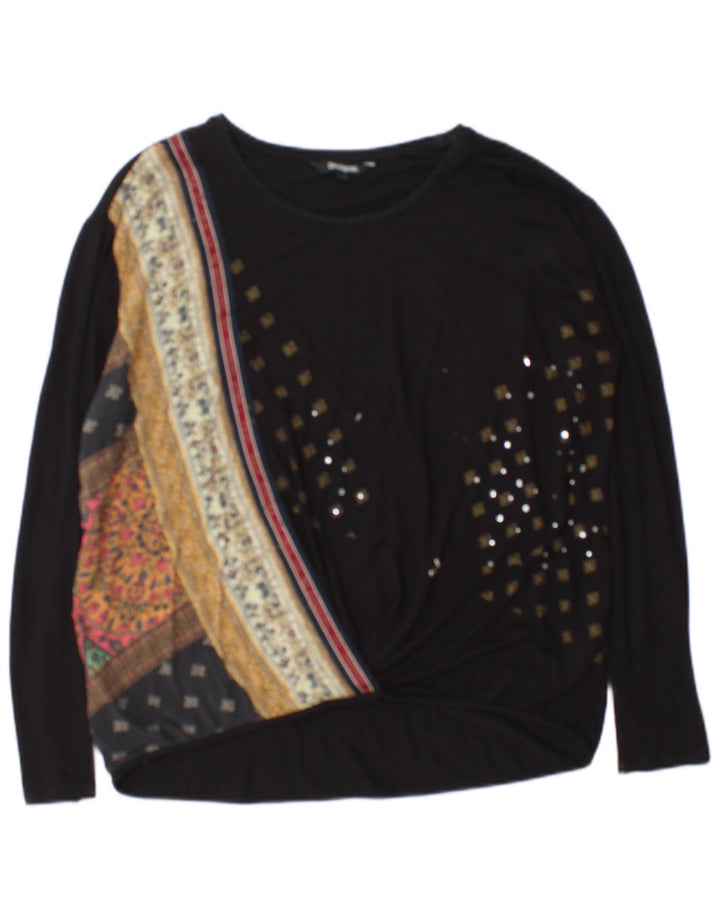 Top feminino Desigual manga comprida UK 14 médio preto floral viscose