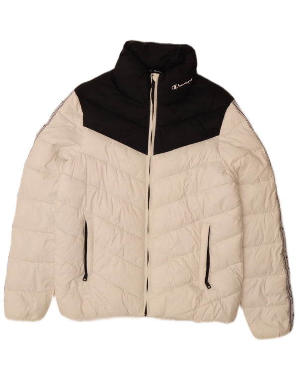 Jaqueta feminina acolchoada gráfica Champion UK 16 grande bloco colorido branco