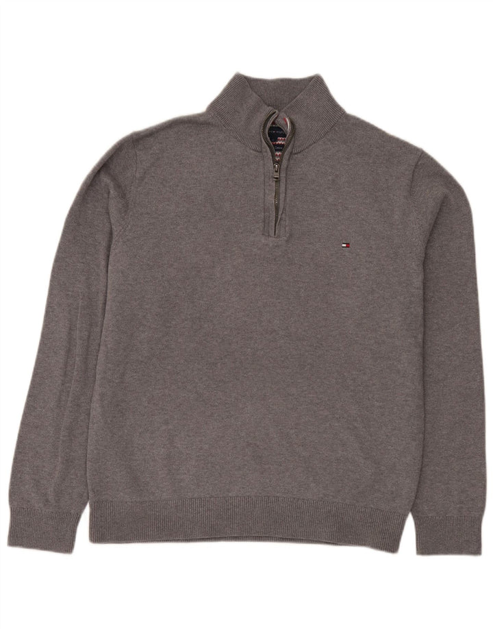 Suéter masculino Tommy Hilfiger com zíper e gola grande de algodão cinza